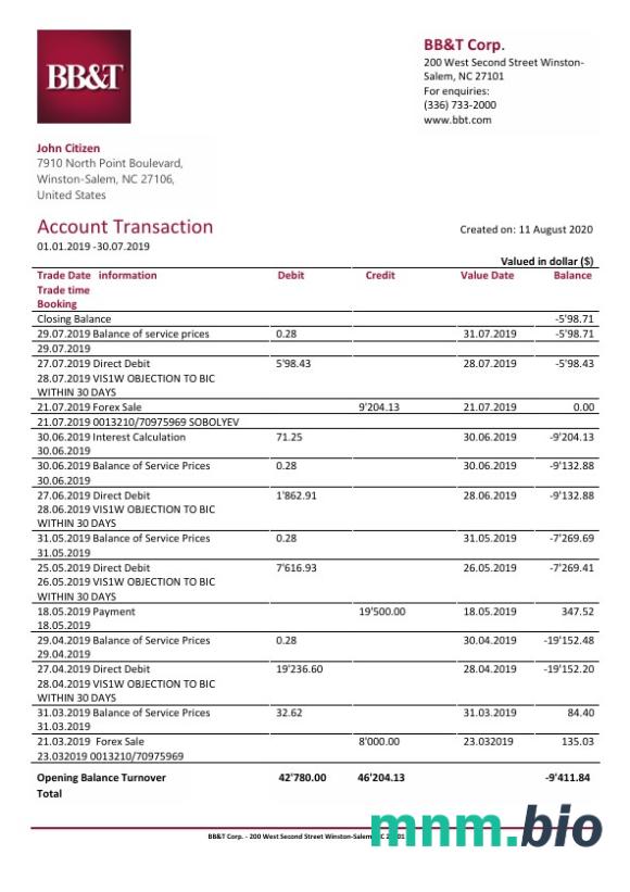 USA BB & T Corp. wyciąg bankowy łatwy do wypełnienia szablon .xls i .format pliku pdf